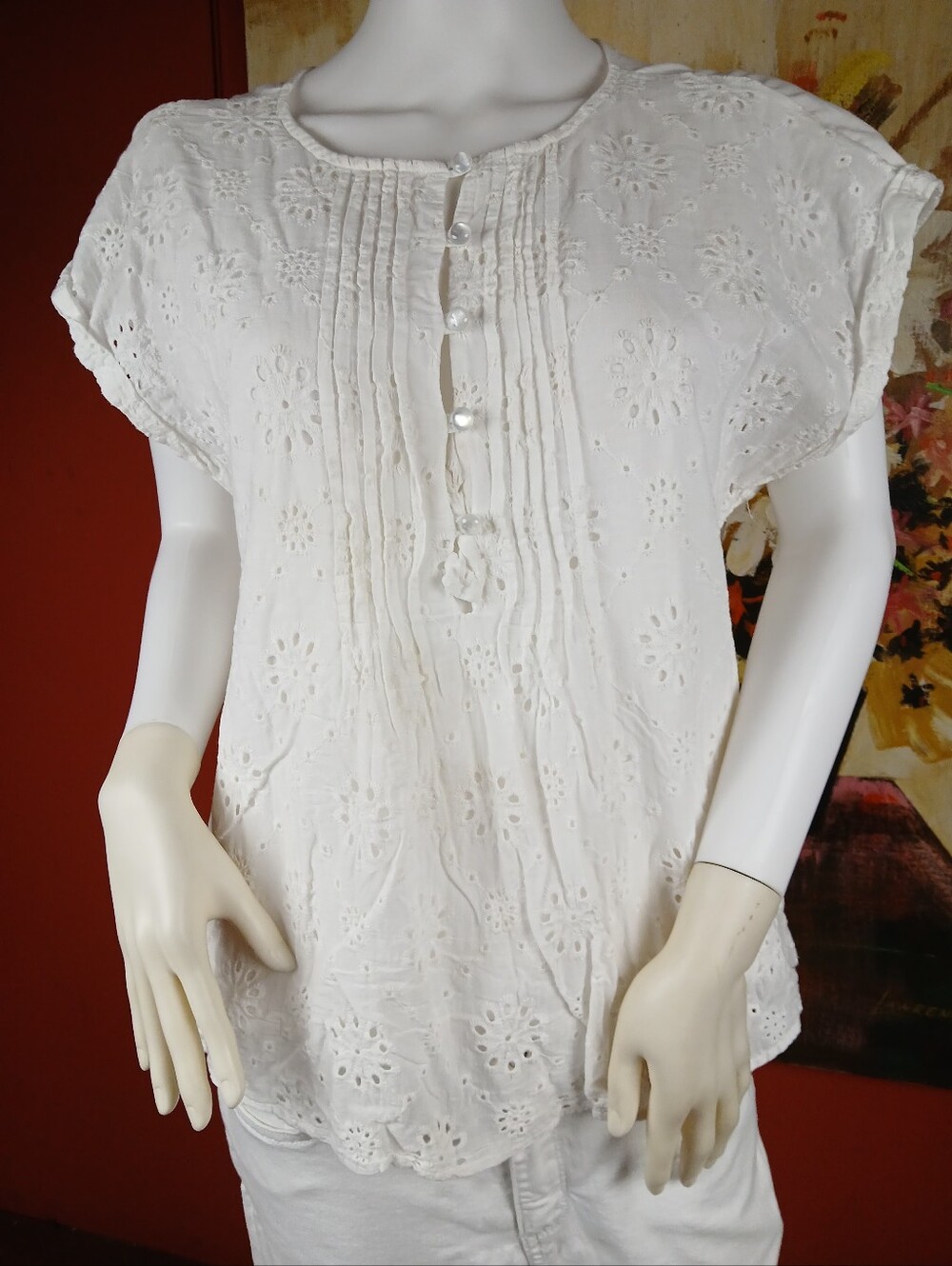 Women's White Eyelet Pintuck Blouse
